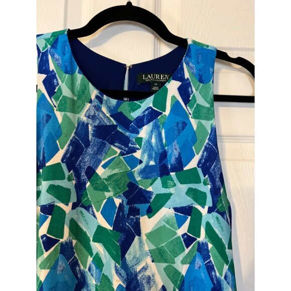 Ralph Lauren A Line Shift Dress 10 Blue Green White Stretch Washable Sleeveless - Picture 2 of 8